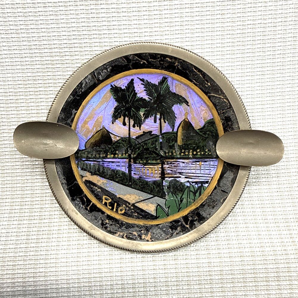 Vintage Brazil Iridescent Butterfly Wing Ashtray Tropical Scene Rio